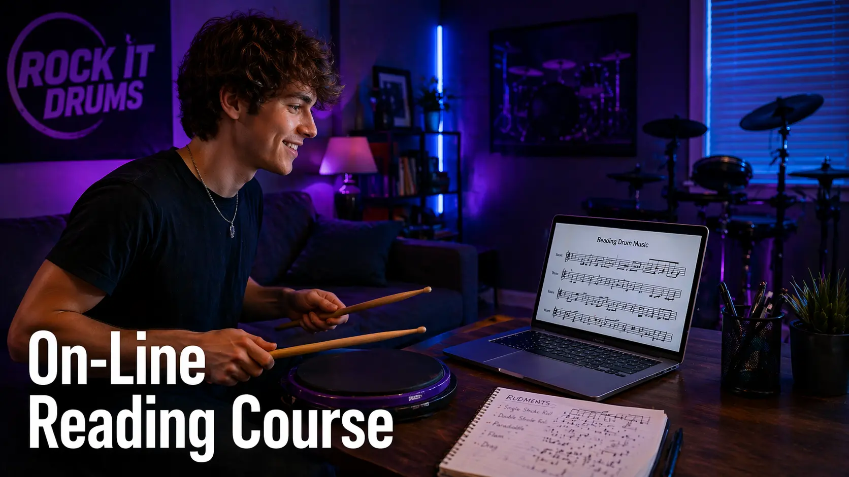 Laptop displaying drum music notation beside a practice pad and drumsticks in a purple and blue lit living room
