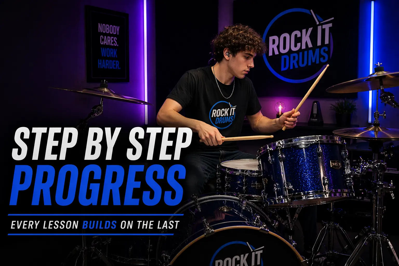 Drum student playing a full drum kit in a purple and blue lit studio, representing structured step by step skill progression