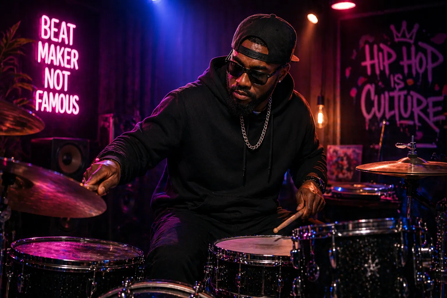 Student playing drums in a modern studio while learning pop and hip hop rhythms