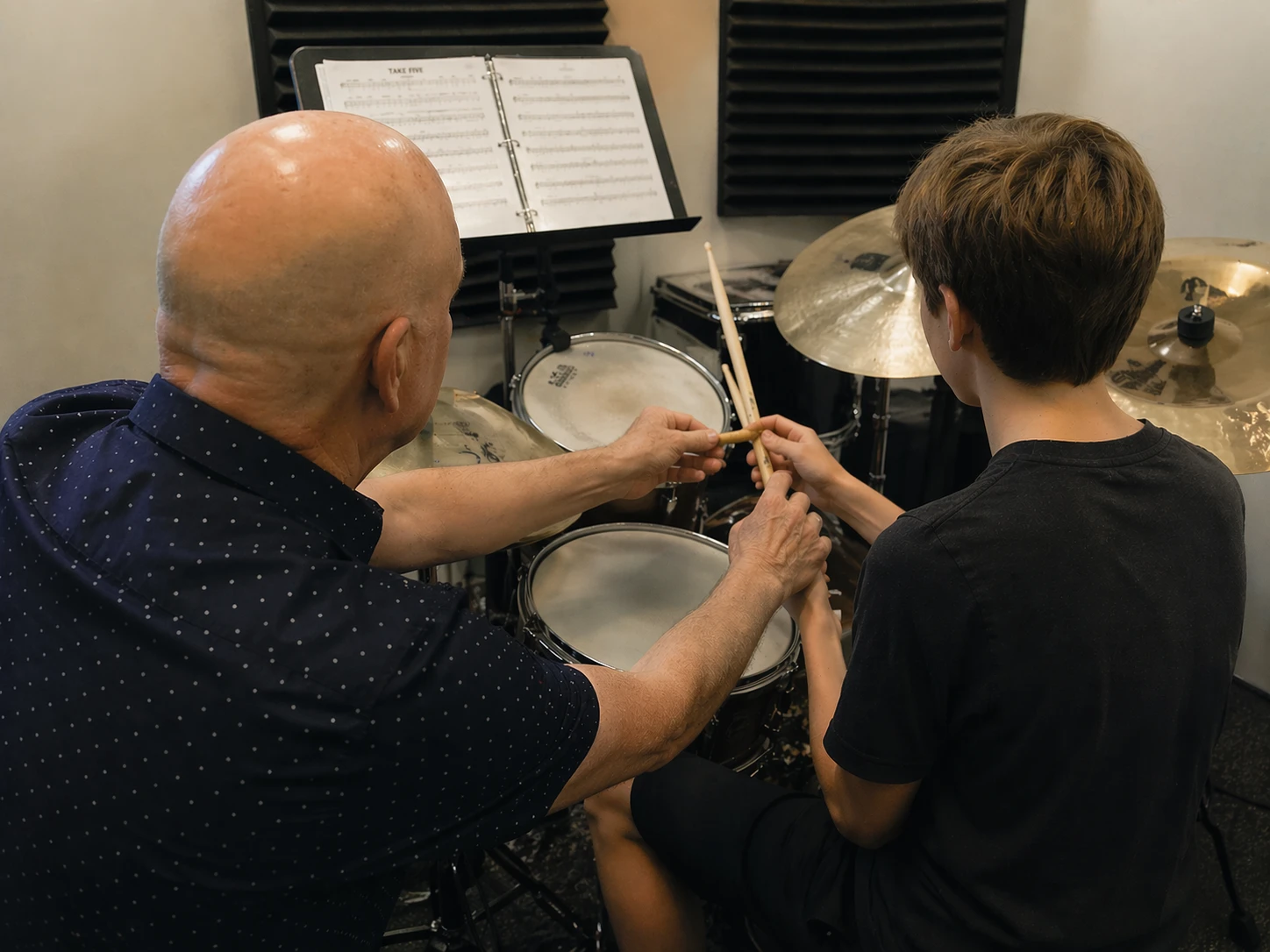 Drum instructor Ron Haslam helping a student adjust grip during a private drum lesson